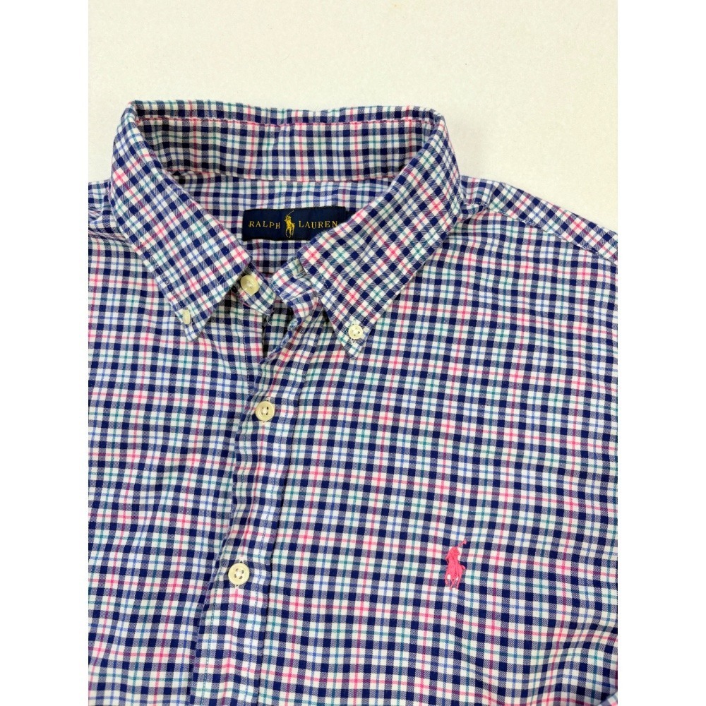 RALPH LAUREN Mens Button Up Shirt Blue Pink Tatterstall Check Pony Size Large